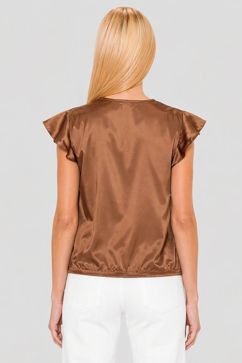 Women Split Neck Cap Sleeve Plain Blouse, Brown