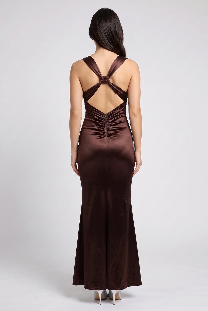 Women Junior Royale Satin Solid Maxi Dress,  Chocolate Brown