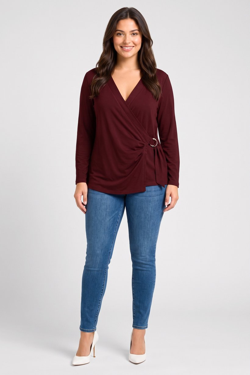 Lauren By Ralph Lauren Women Surplice Neck Long Sleeve Plain Blouse, Dark Maroon