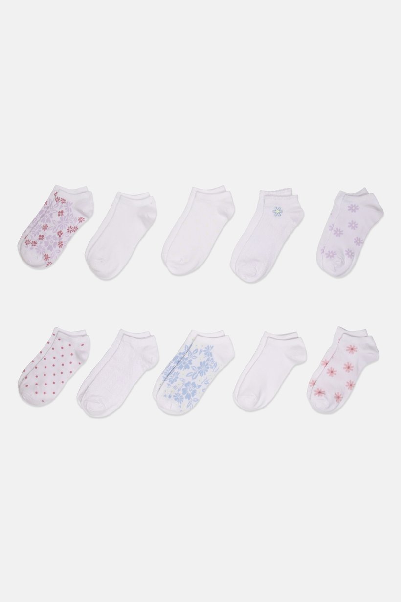Women 10 Pairs Textured No Show Socks, White