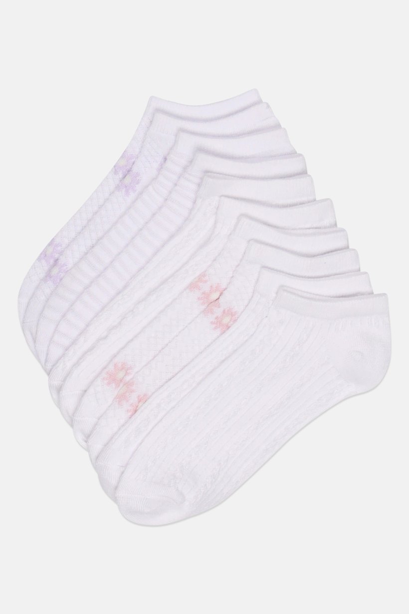 Women 10 Pairs Floral Print Ankle Socks, White