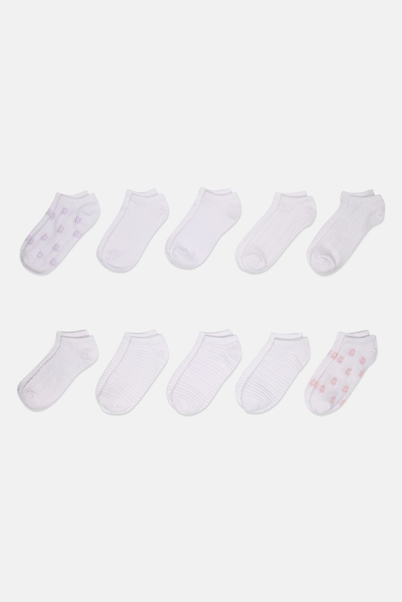 Women 10 Pairs Floral Print Ankle Socks, White