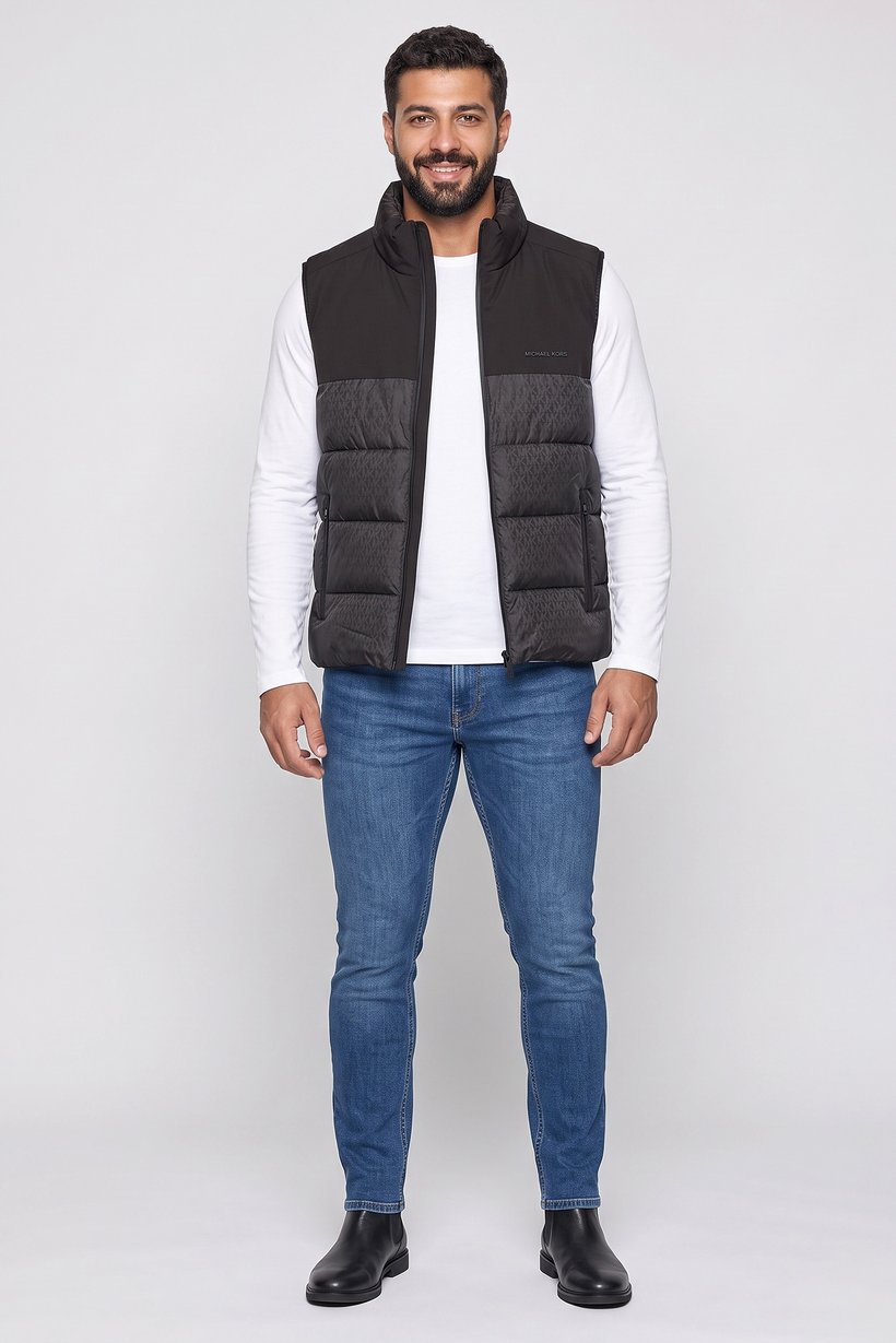 Men Brand Logo Sleeve Less Outdoor Jacket Vest, Black
