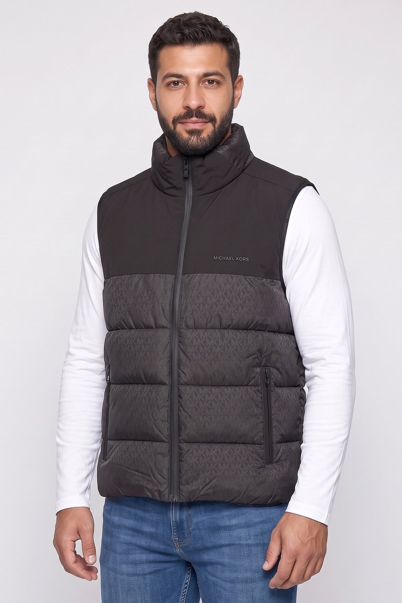 Men Brand Logo Sleeve Less Outdoor Jacket Vest, Black