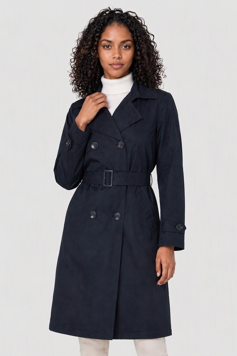 Women Plain Bleted Trench Coat, Dark Navy