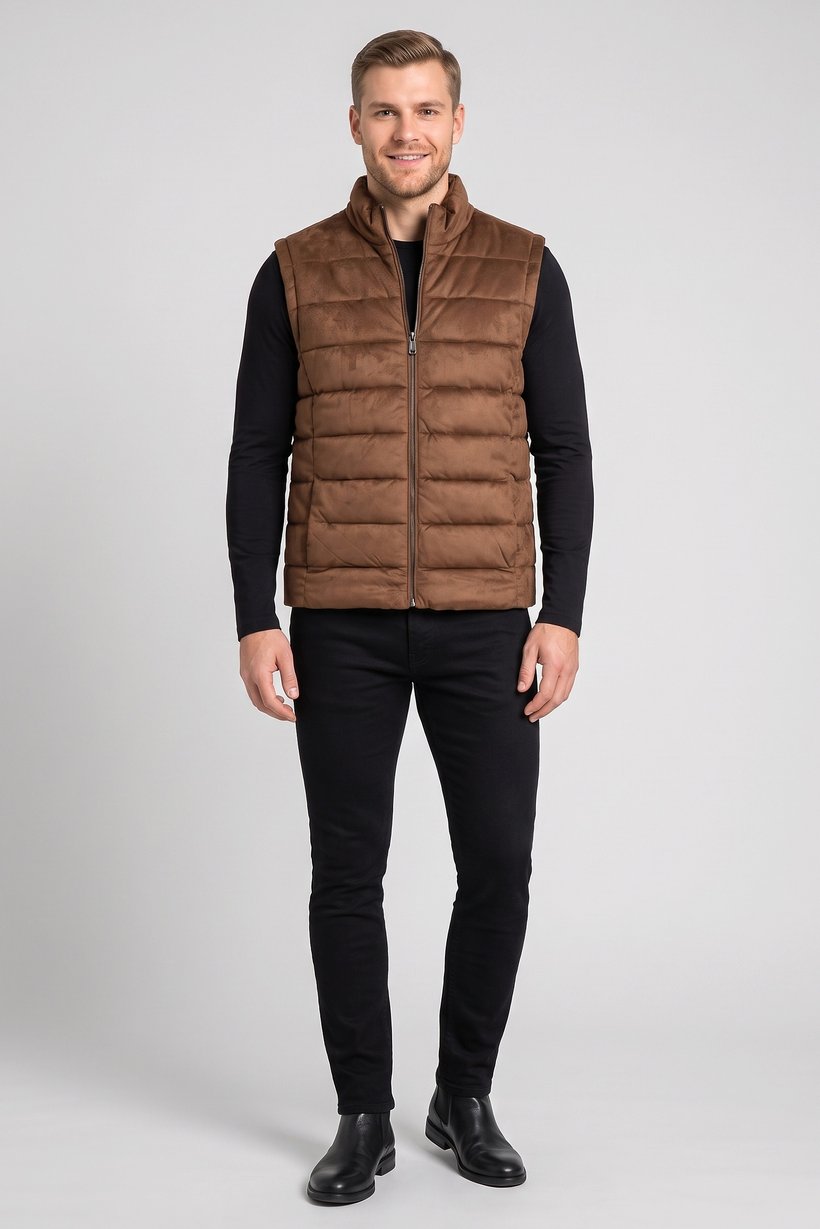 Men Quilted Puffer Vest Jacket, Brown