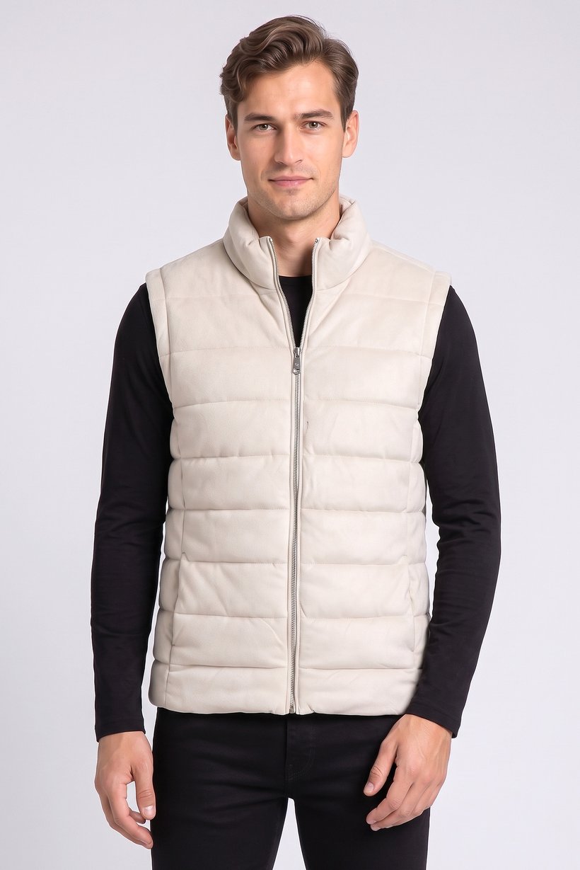 Men Quilted Puffer Vest Jacket, Beige