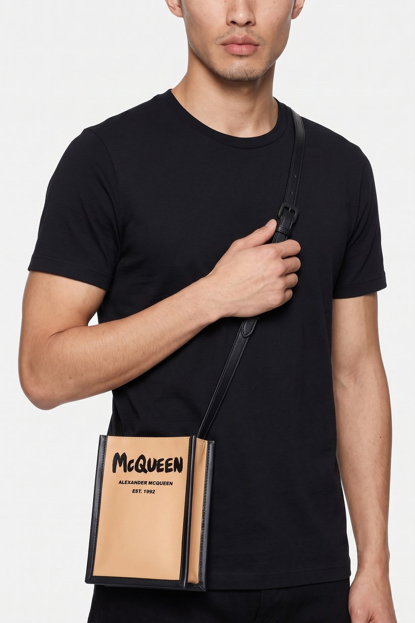 Men Brand Logo Crossbody Bags, Beige