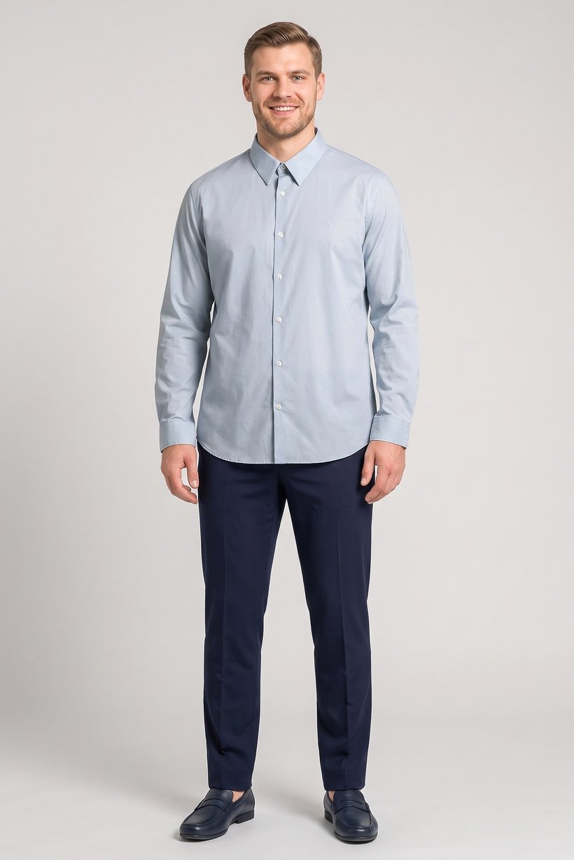 Men Slim Fit Embroidered Logo Long Sleeve Casual Shirt, Light Blue