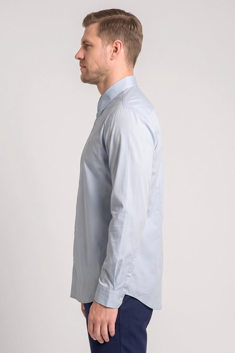 Men Slim Fit Embroidered Logo Long Sleeve Casual Shirt, Light Blue