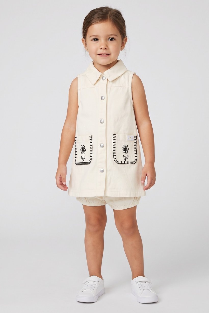 Toddlers Girl 2 Pieces Embroidered Denim Dress And Bottom Set, Off White