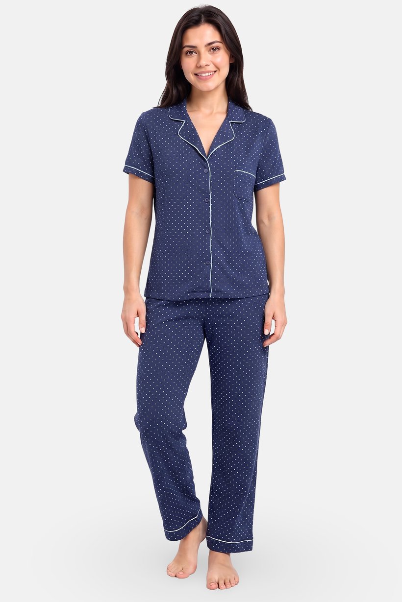 Women 2 Pcs Polka Dot Top And Bottom Pyjama Set, Blue