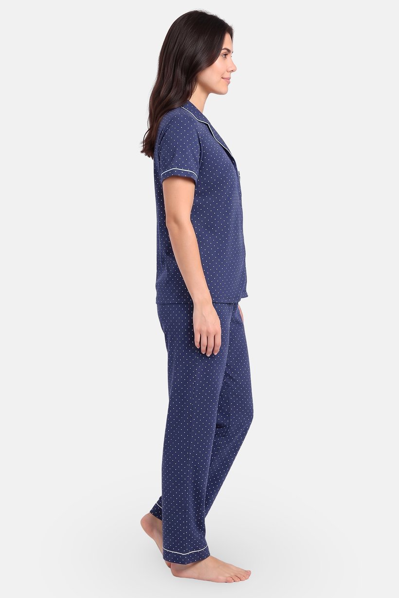 Women 2 Pcs Polka Dot Top And Bottom Pyjama Set, Blue