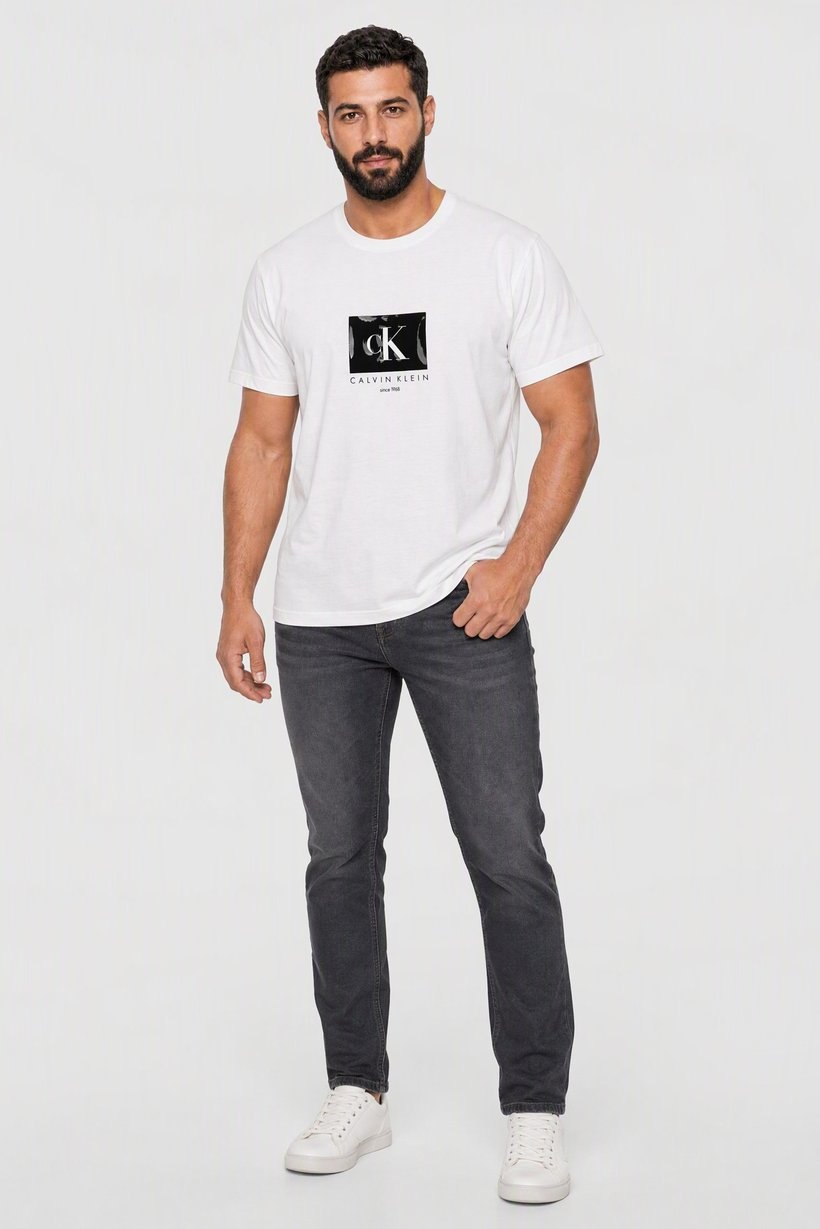 Calvin Klein Jeans Men Crew Neck Short Sleeve Brand Logo T-Shirt, White