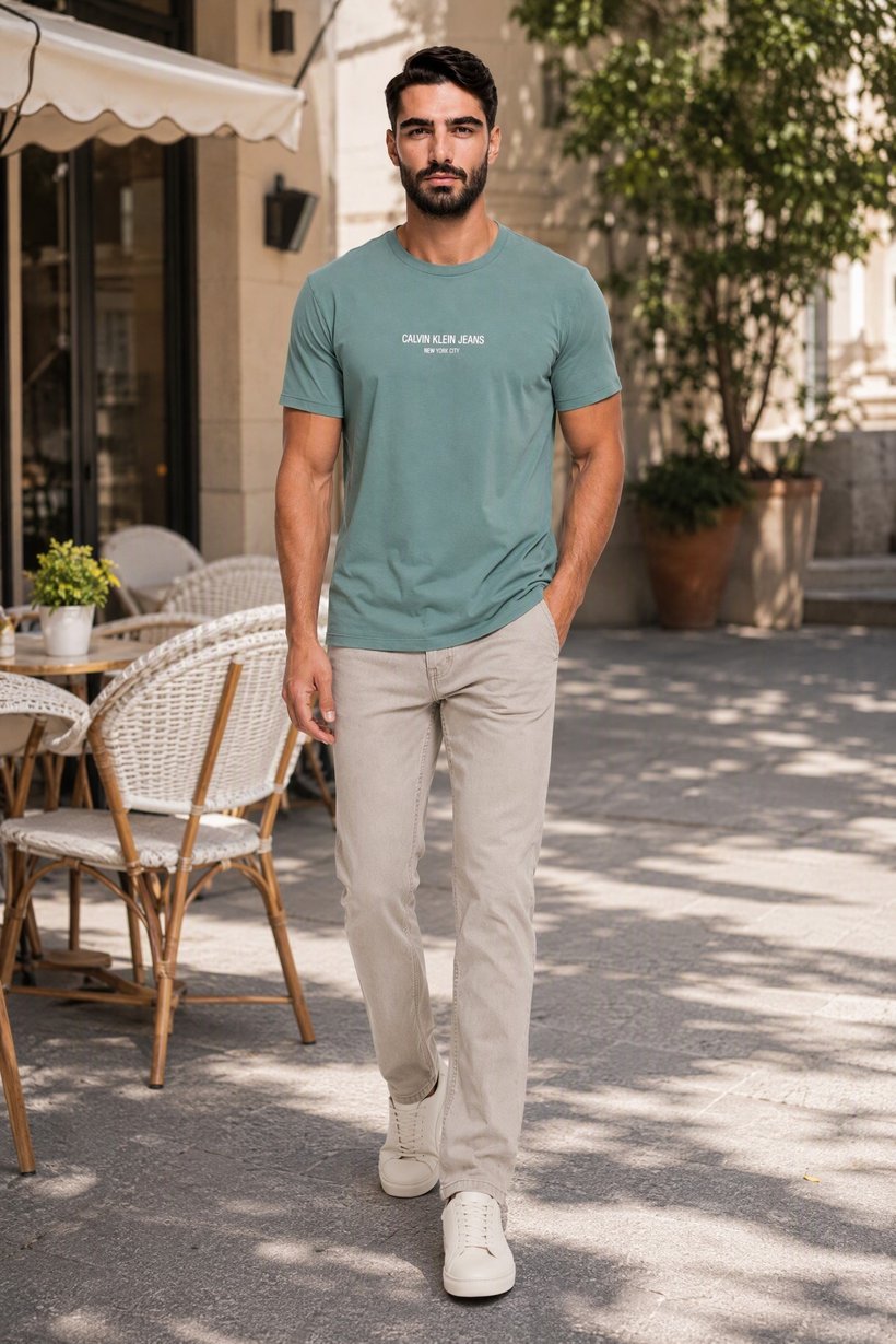 Calvin Klein Jeans Men Crew Neck Short Sleeve Brand Logo T-Shirt, Wash Green