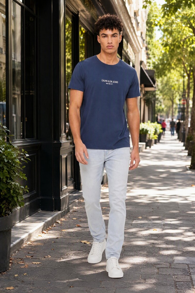 Calvin Klein Jeans Men Crew Neck Short Sleeve Brand Logo T-Shirt, Slate Blue