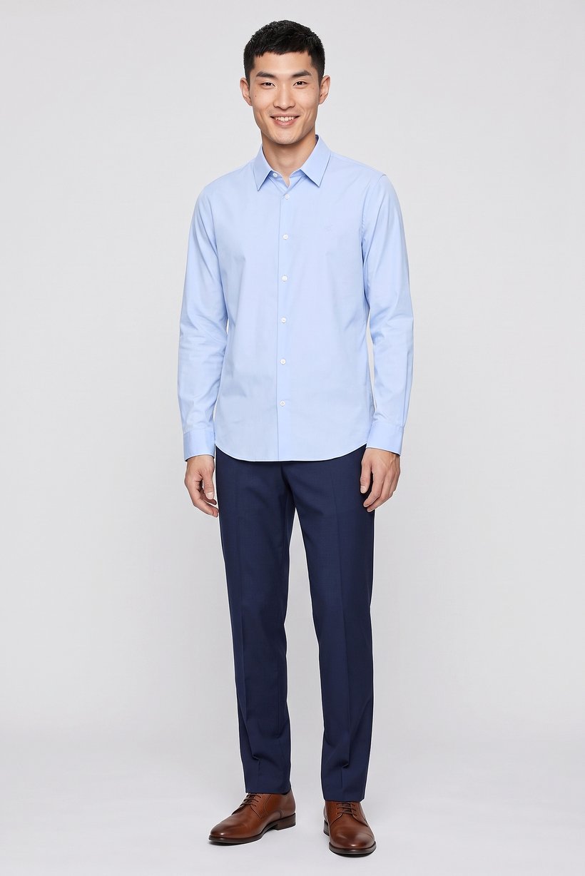 Men Slim Fit Embroidered Logo Long Sleeve Casual Shirt, Light Blue
