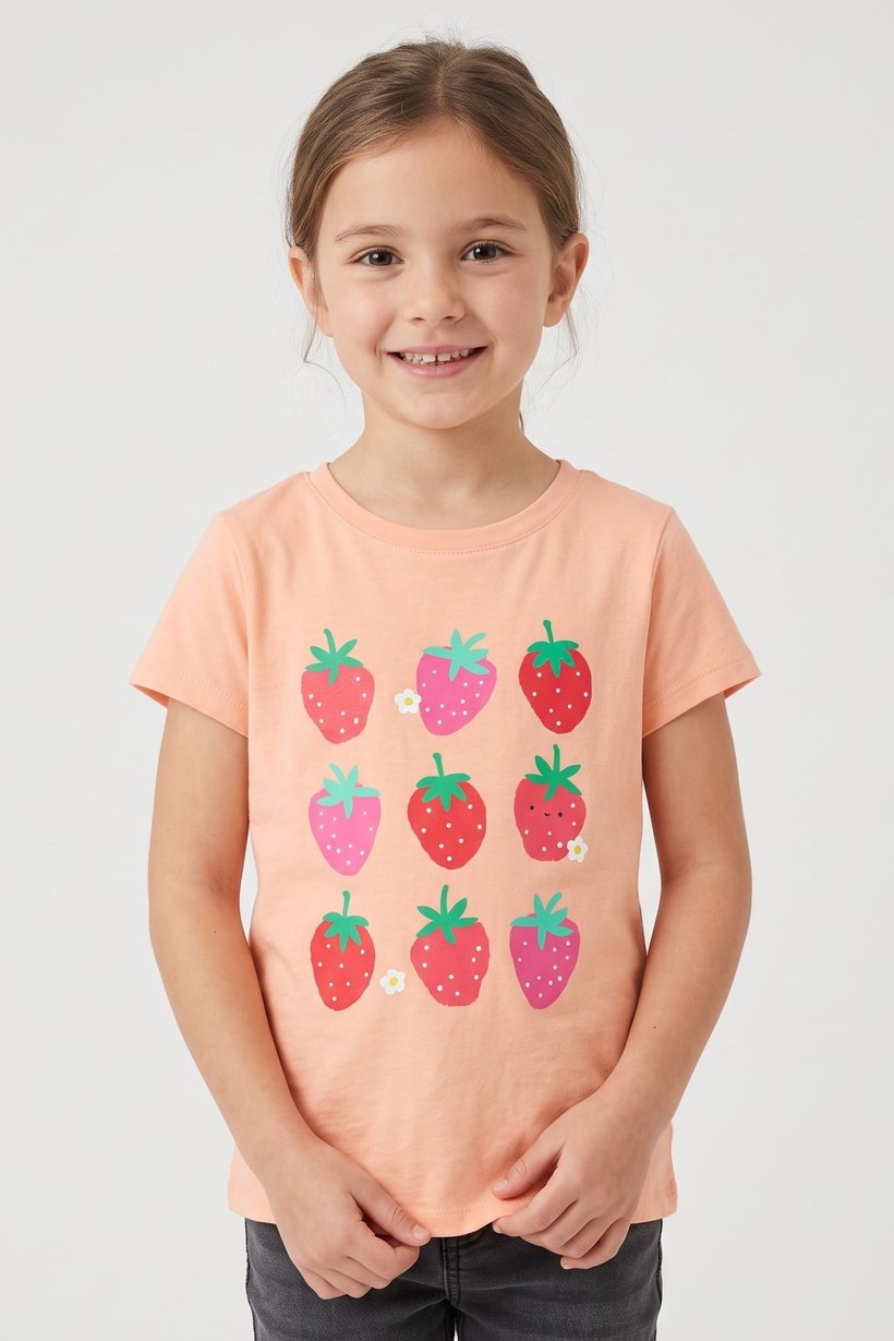 Toddlers Girl Short Sleeve Graphic Print Top, Peach