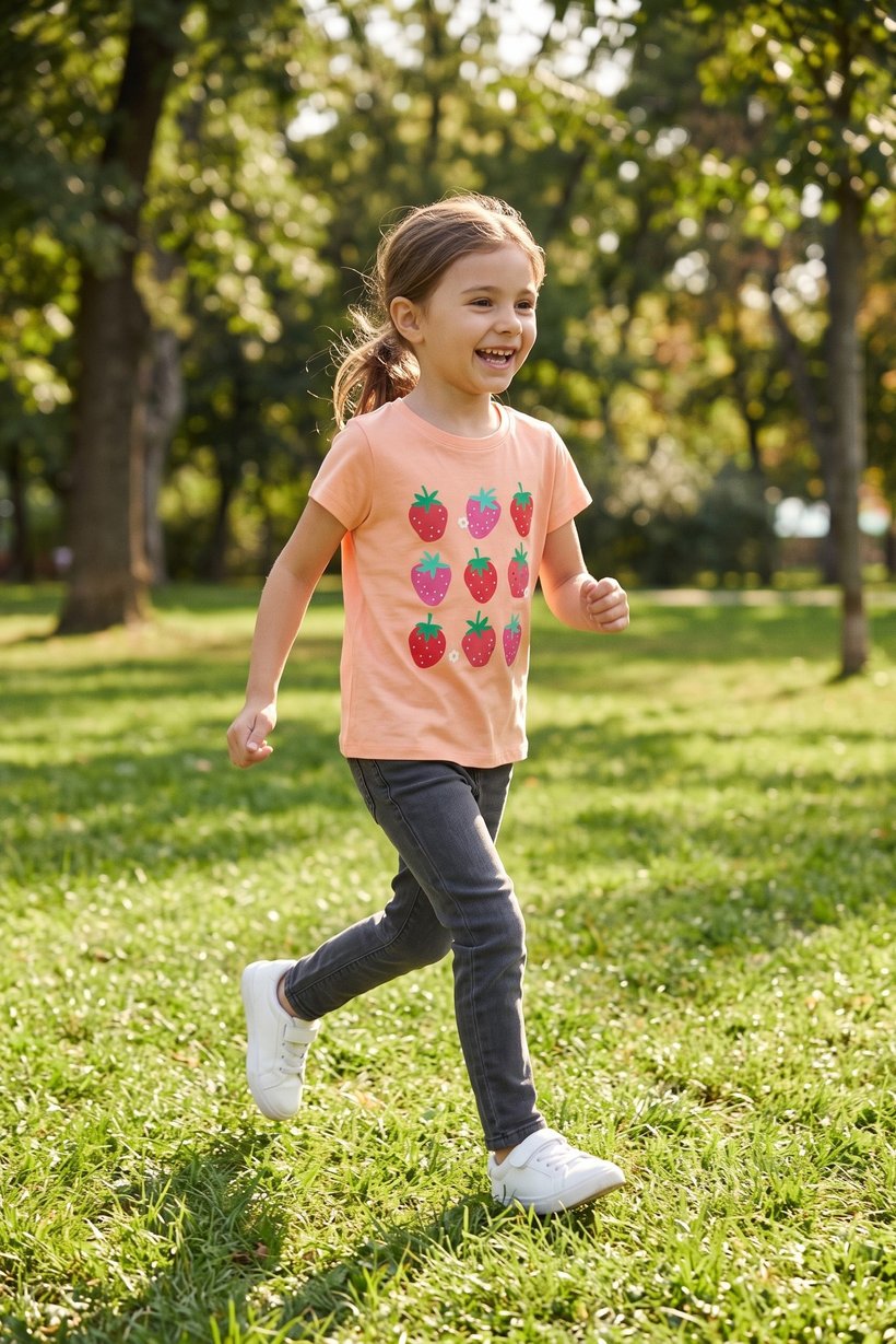 Toddlers Girl Short Sleeve Graphic Print Top, Peach