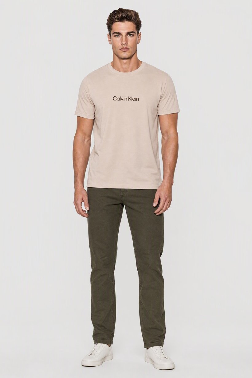Men Crew Neck Short Sleeve Brand Logo T-Shirt, Beige