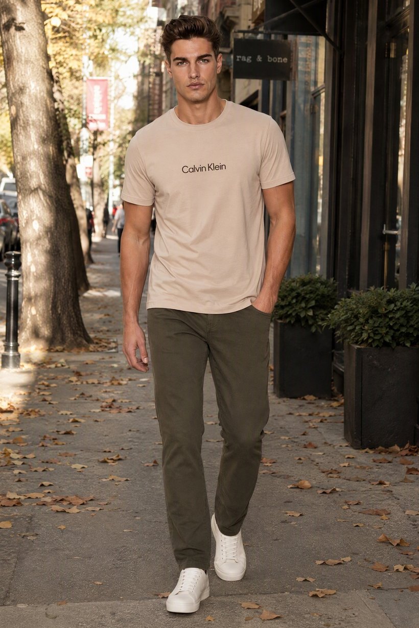 Men Crew Neck Short Sleeve Brand Logo T-Shirt, Beige