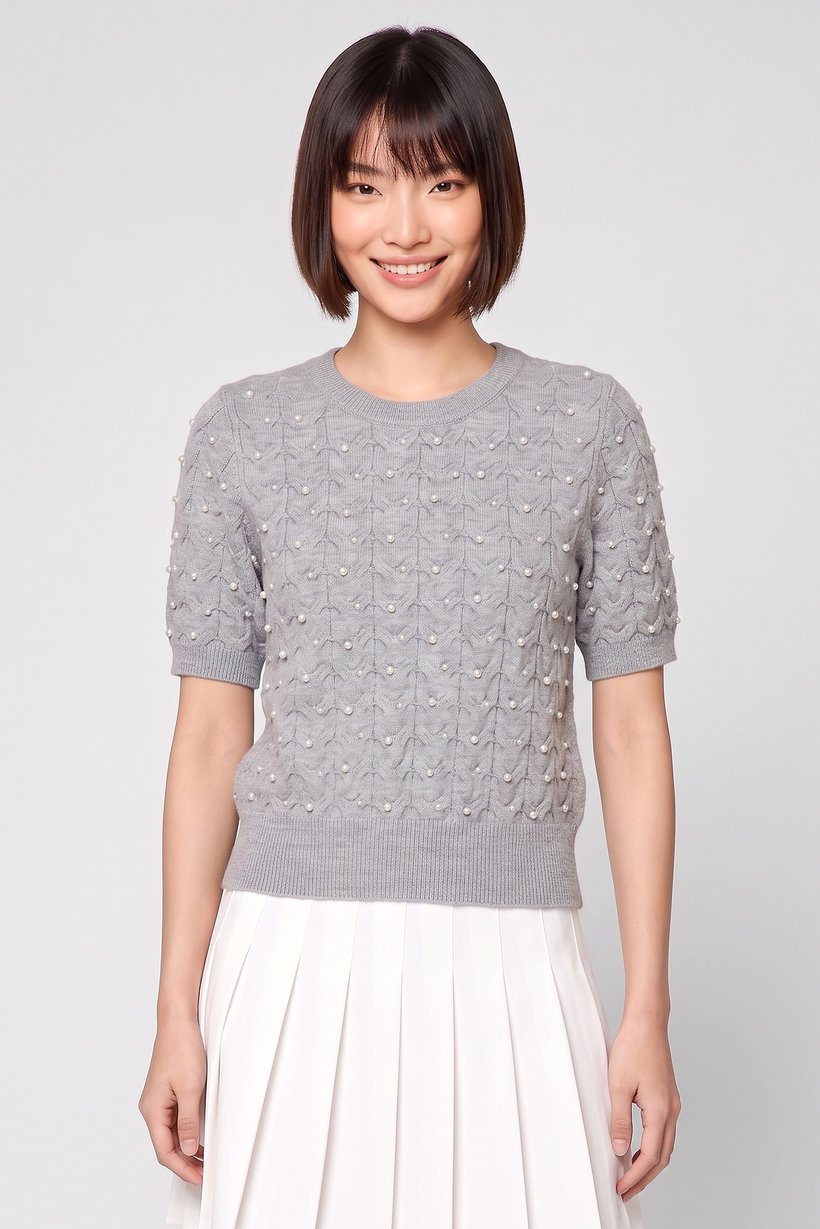 Women Crew Neck Textured Sweater, Grey