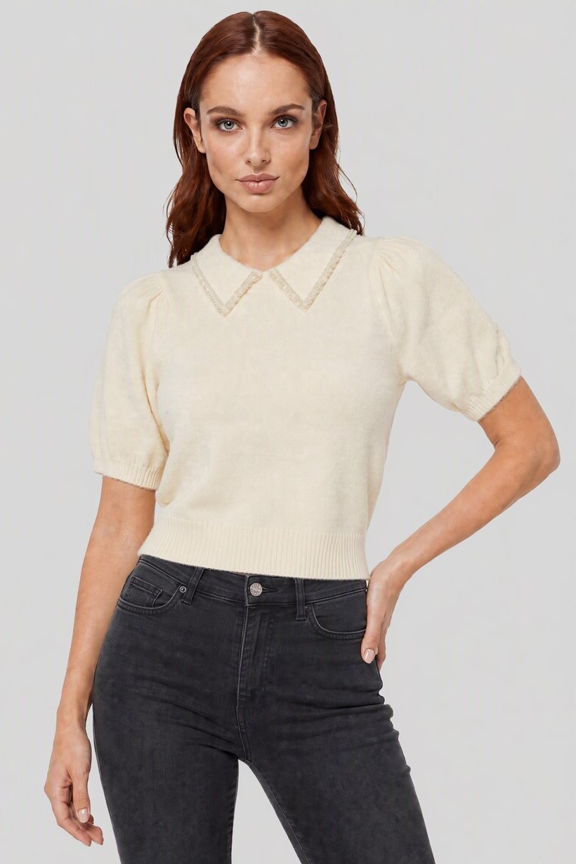 Women Peter Pan Collar Knitted Sweater, Cream