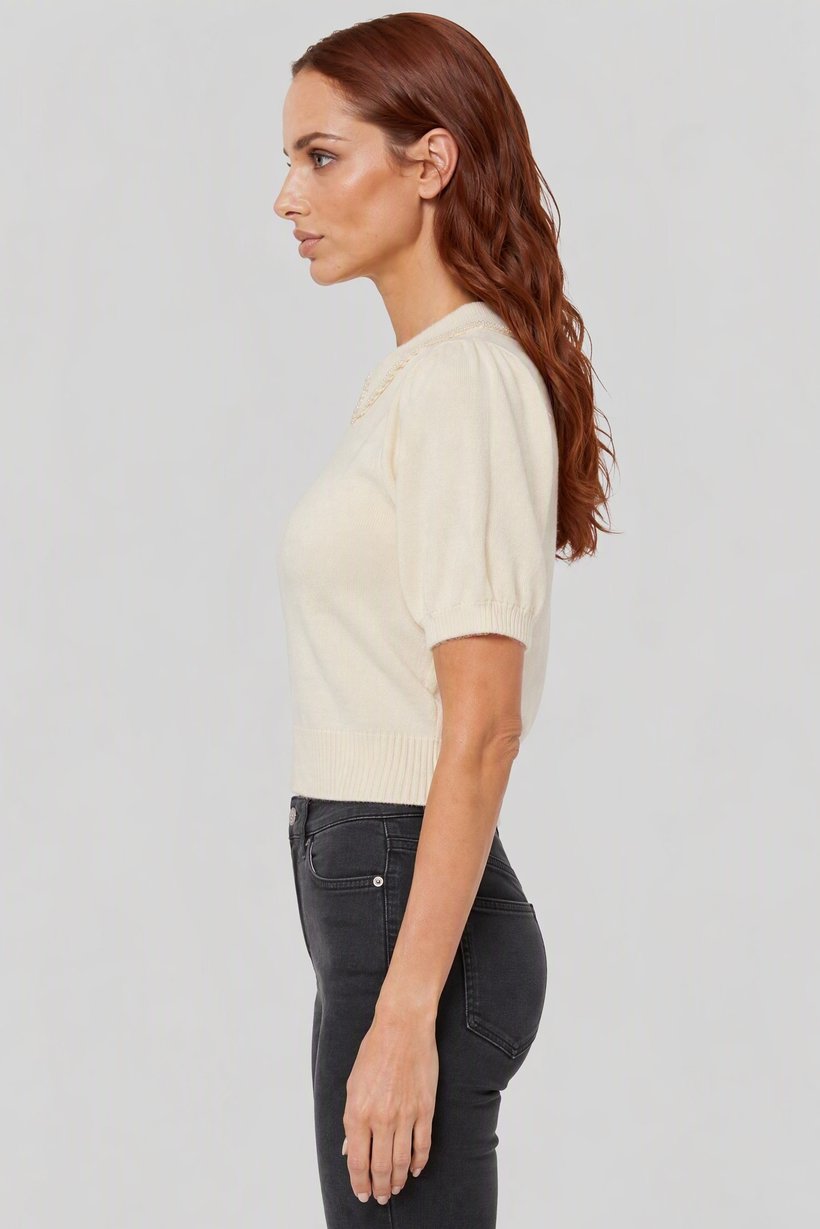 Women Peter Pan Collar Knitted Sweater, Cream