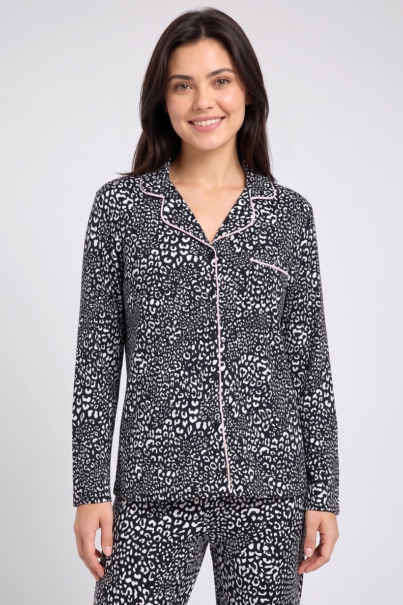 Women 2 Pcs Allover Print Long Sleeve Top And Pajama Bottom Sleepwear Set, Multicolor
