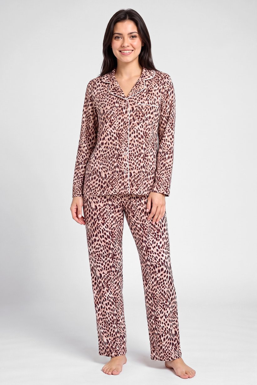 Women 2 Pcs Animal Print Long Sleeve Pajama Top And Pants Set, Multicolor