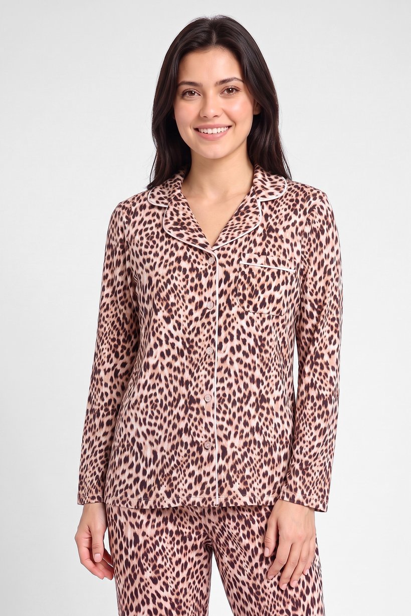 Women 2 Pcs Animal Print Long Sleeve Pajama Top And Pants Set, Multicolor