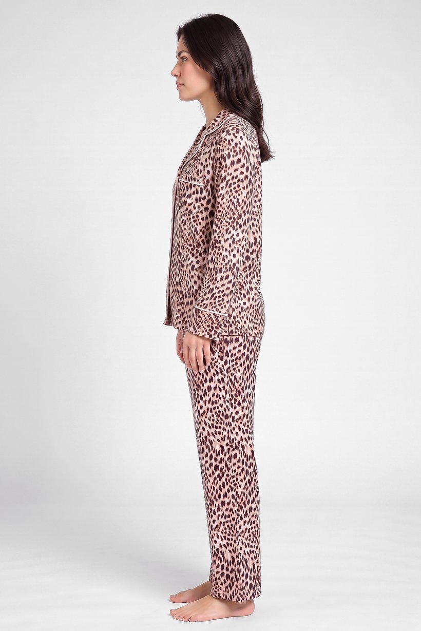 Women 2 Pcs Animal Print Long Sleeve Pajama Top And Pants Set, Multicolor