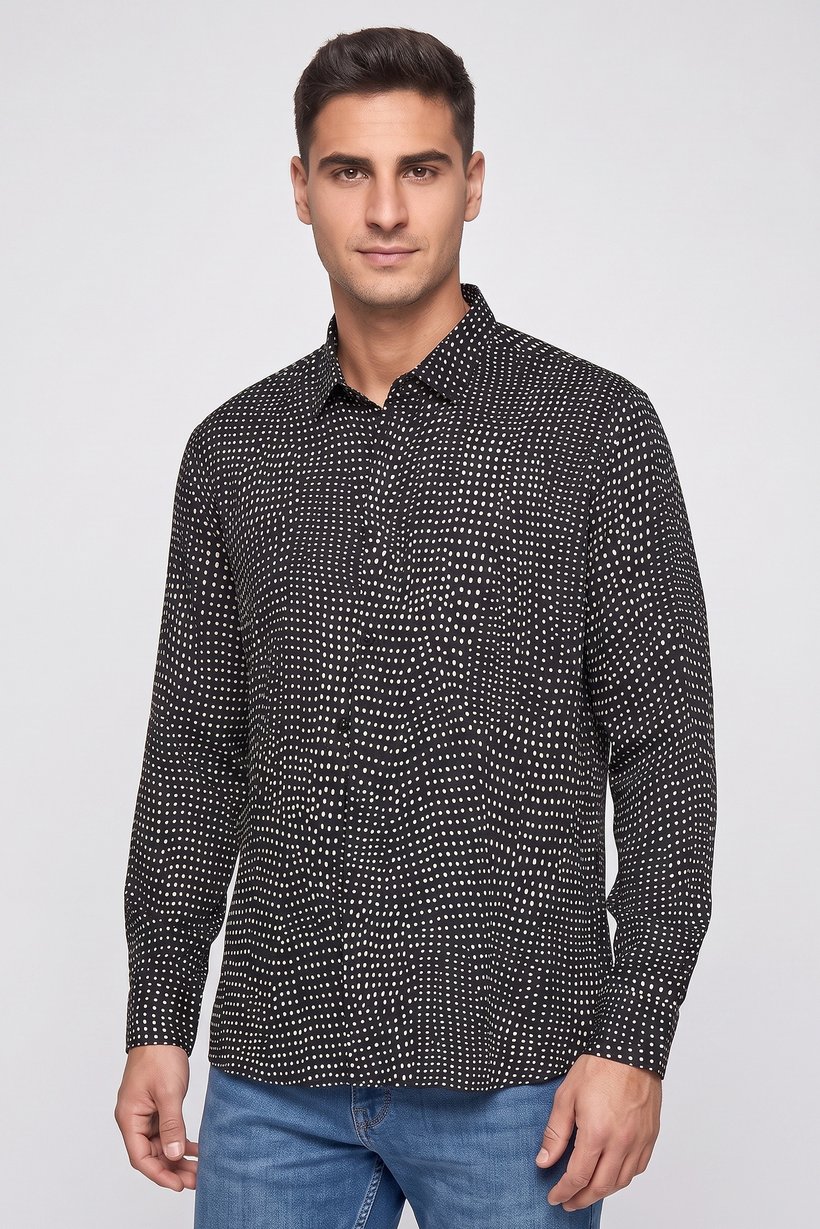 Men Regular Fit  Long Sleeve Polka Dots Dress Shirts, Black