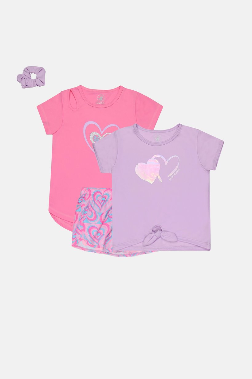 Kids Girl 4 Pcs Graphic Print Top And Shorts With Headband Set, Multicolor
