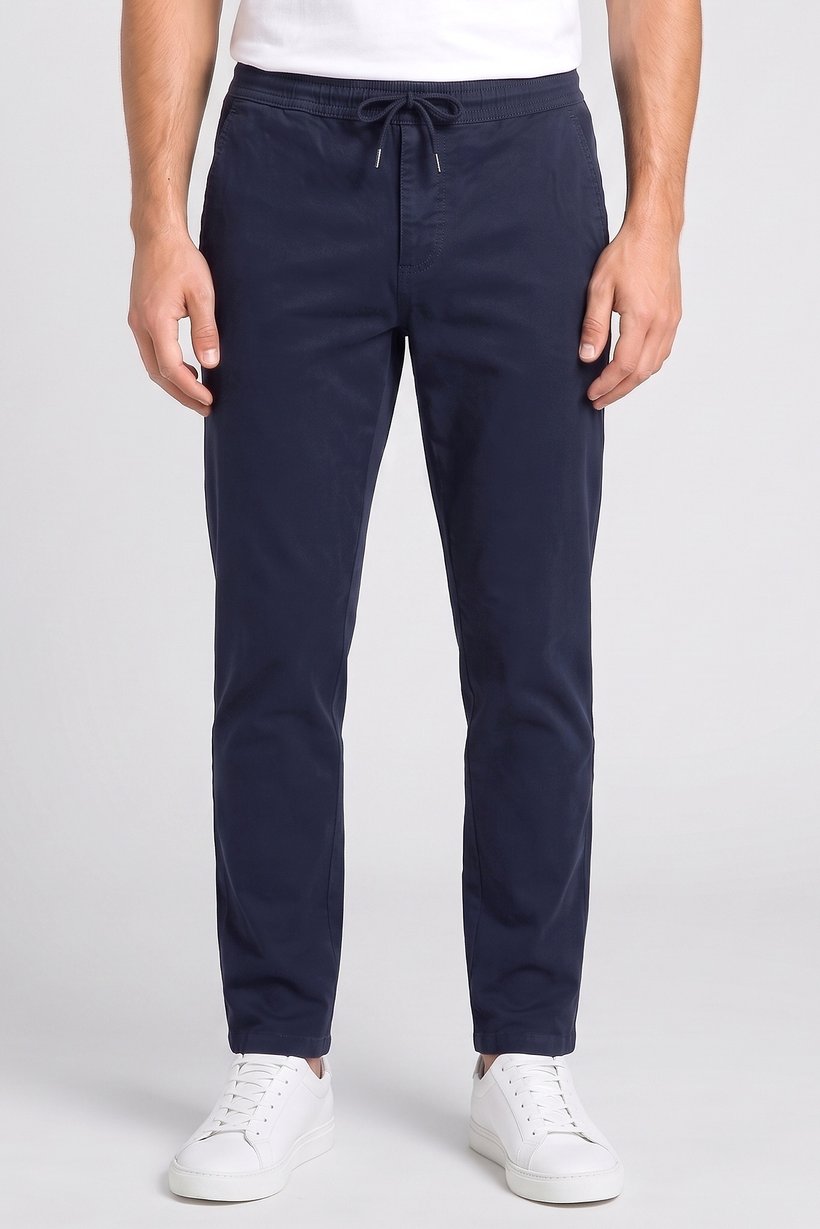 Men Regular Fit Solid Straight Leg Pants, Navy Blue
