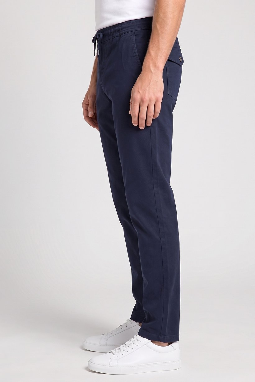Men Regular Fit Solid Straight Leg Pants, Navy Blue
