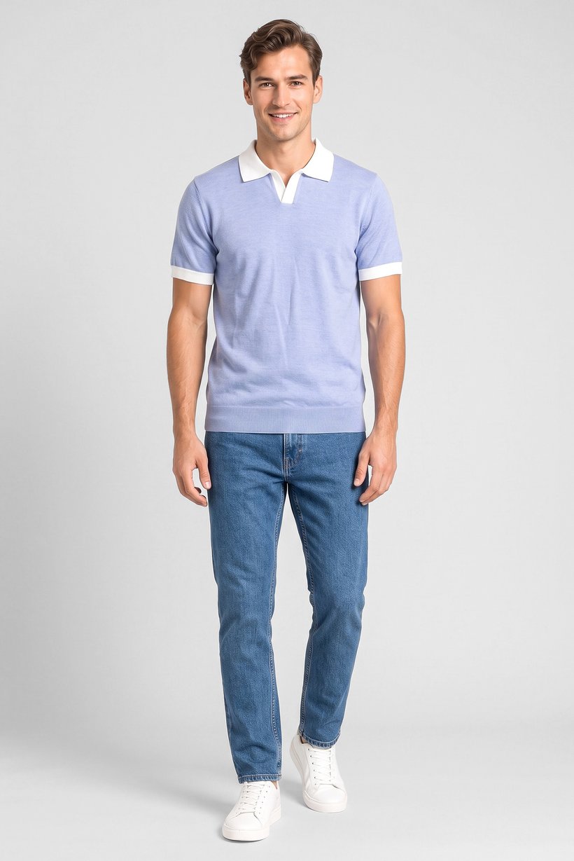 Men Spread Collar Textured Short Sleeve Polo Shirt, Sky Blue