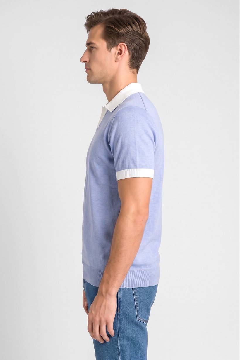 Men Spread Collar Textured Short Sleeve Polo Shirt, Sky Blue