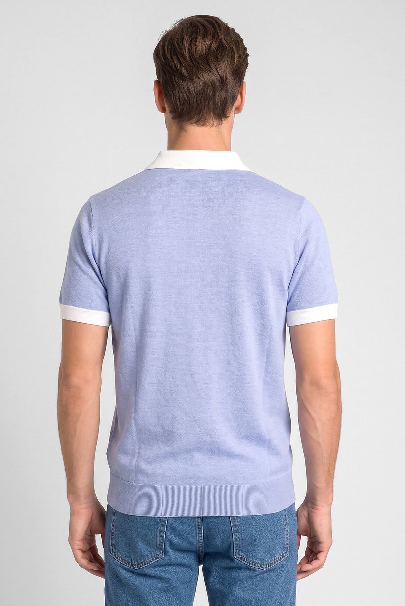 Men Spread Collar Textured Short Sleeve Polo Shirt, Sky Blue
