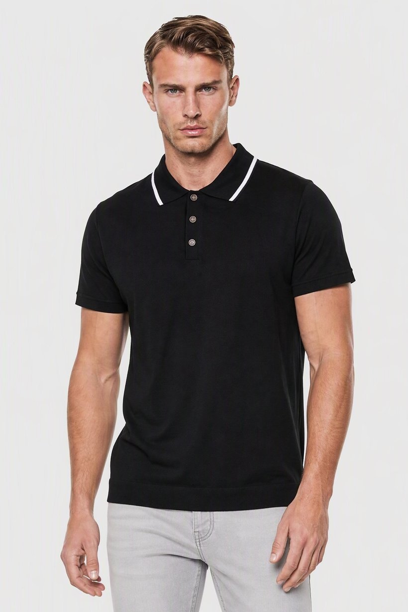 Men Spread Collar Short Sleeve Solid Polo, Black