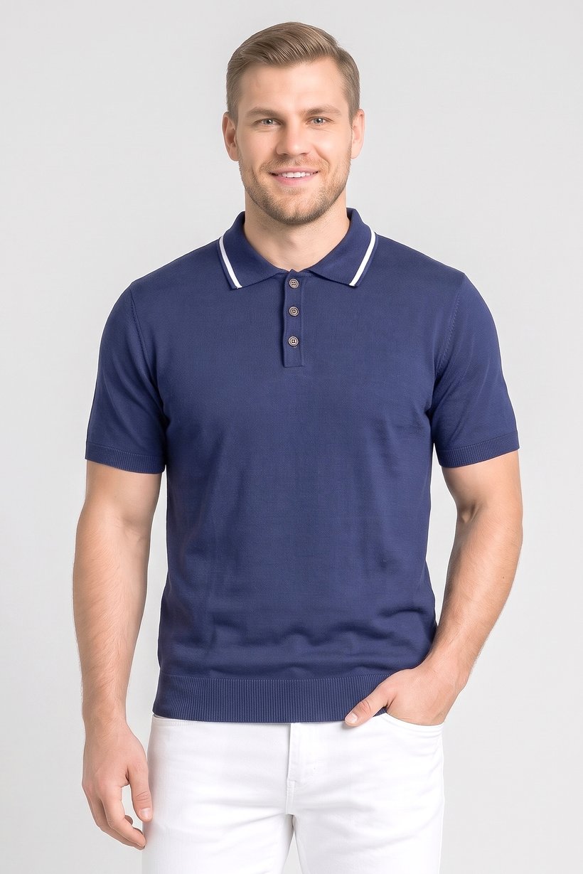 Men Spread Collar Short Sleeve Solid Polo Shirt, Navy