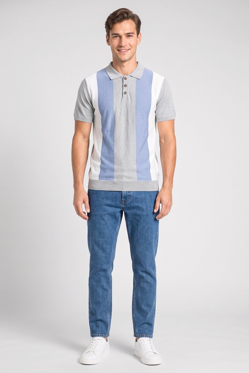 Men Spread Collar Short Sleeve Stripes Polo, Multicolor