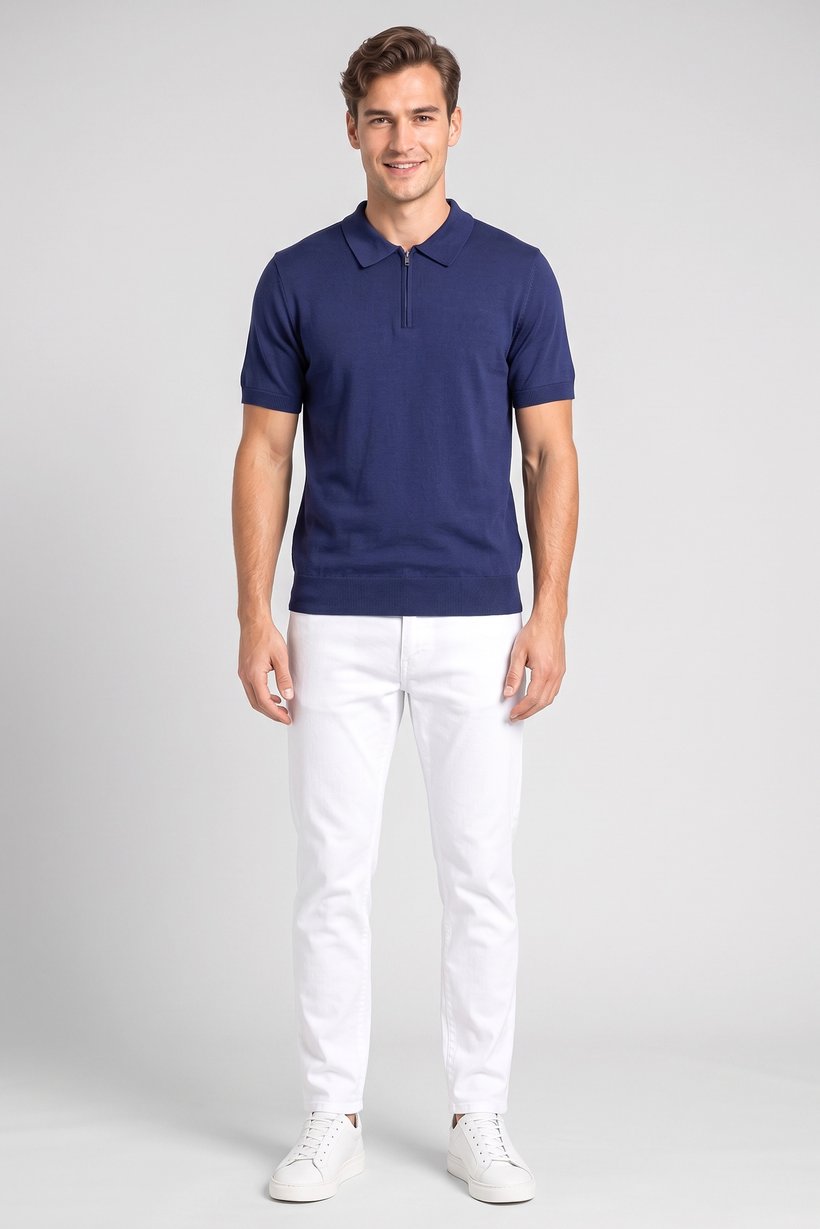 Men Regular Fit Short Sleeve Knitted Polo Shirt, Navy Blue
