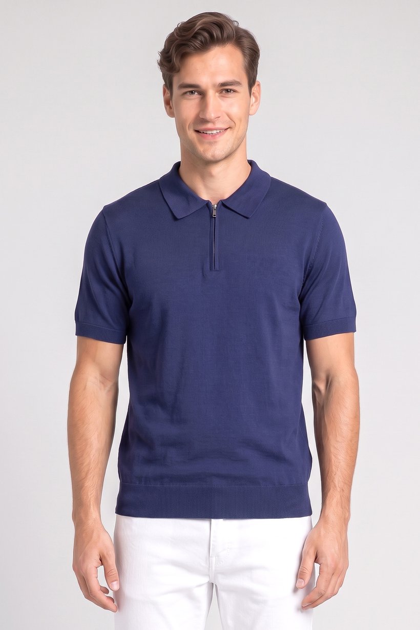 Men Regular Fit Short Sleeve Knitted Polo Shirt, Navy Blue