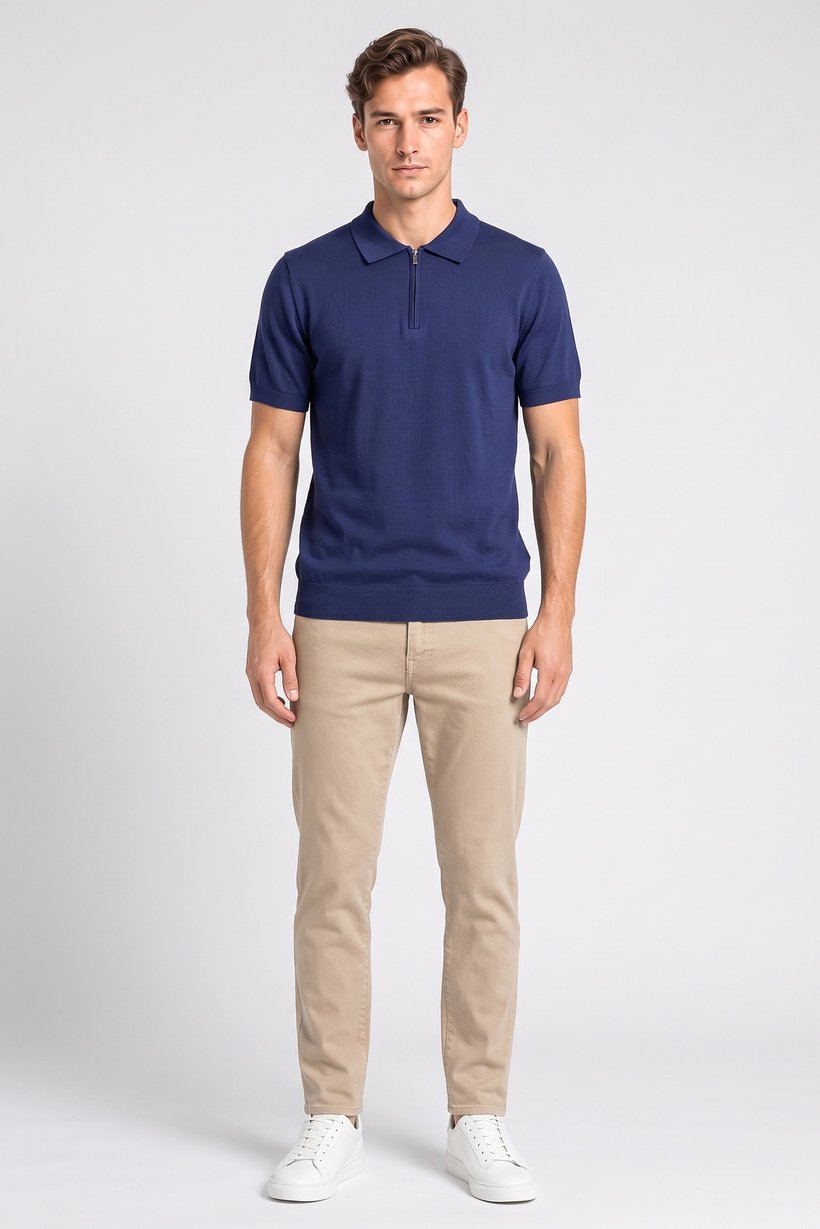Men Regular Fit Short Sleeve Knitted Polo Shirt, Navy Blue