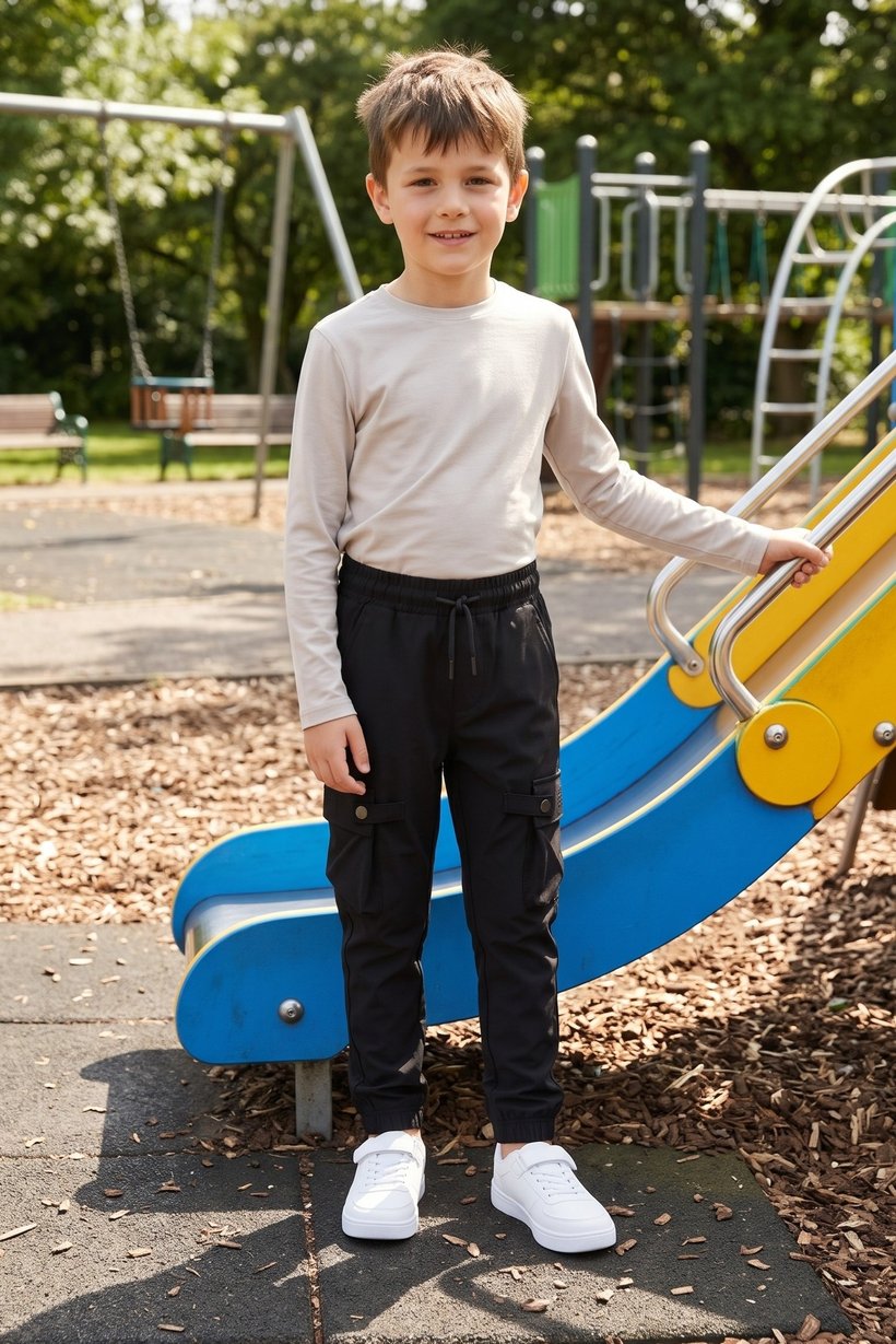 Kids Boy Drawstring Plain Jogger Pants, Black