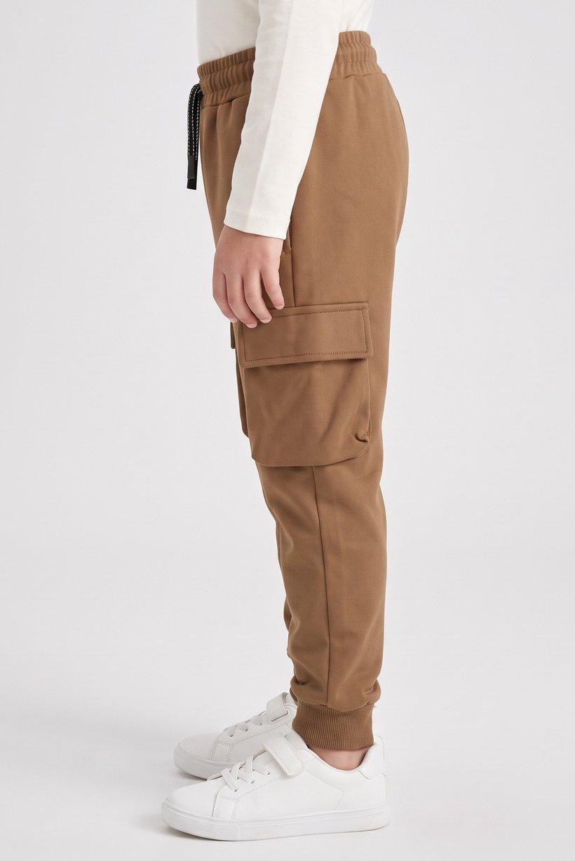 Kids Boy Regular Fit Solid Cargo Pants, Brown