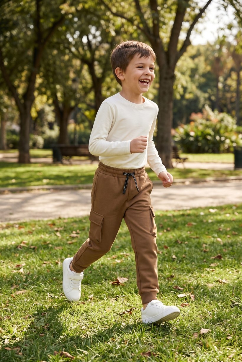 Kids Boy Regular Fit Solid Cargo Pants, Brown