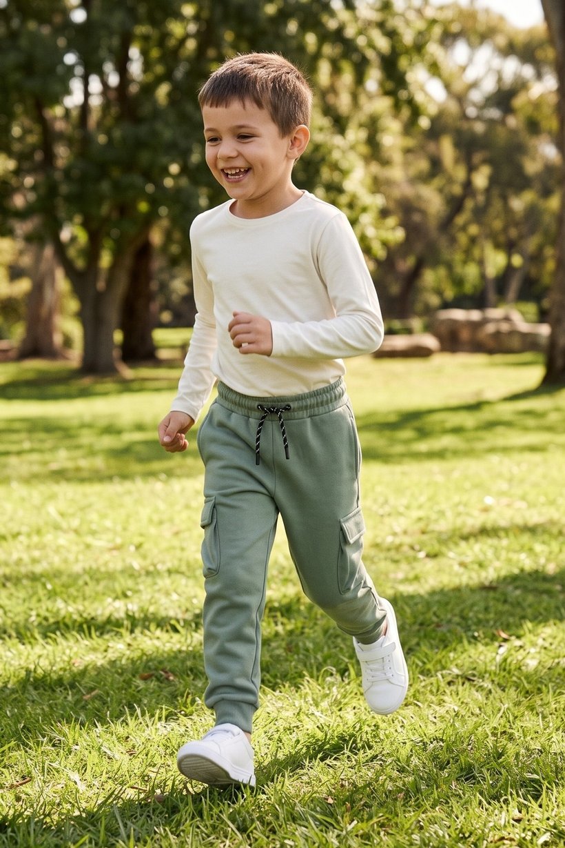 Kids Boy Regular Fit Solid Cargo Pants, Sage Green