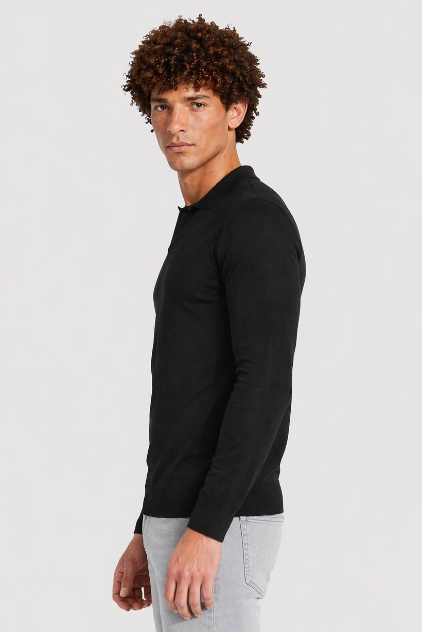 Men Spread Collar Textured Sweater, Black